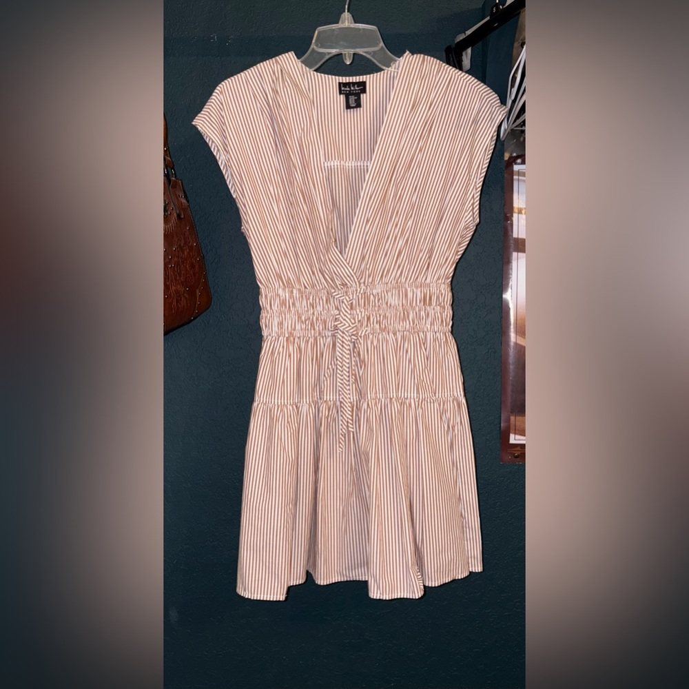 Nicole Miller Beige and White Striped V-Neck Tie-Waist Mini Dress
